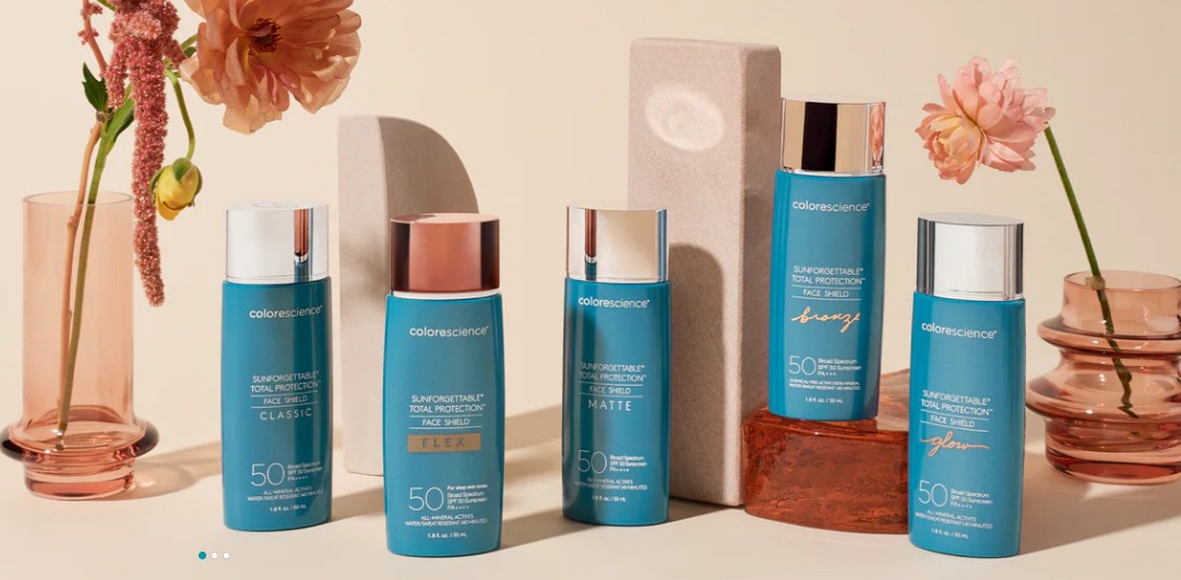 Colorescience Sunforgettable SPF 50 sunscreens - five shades with floral styling