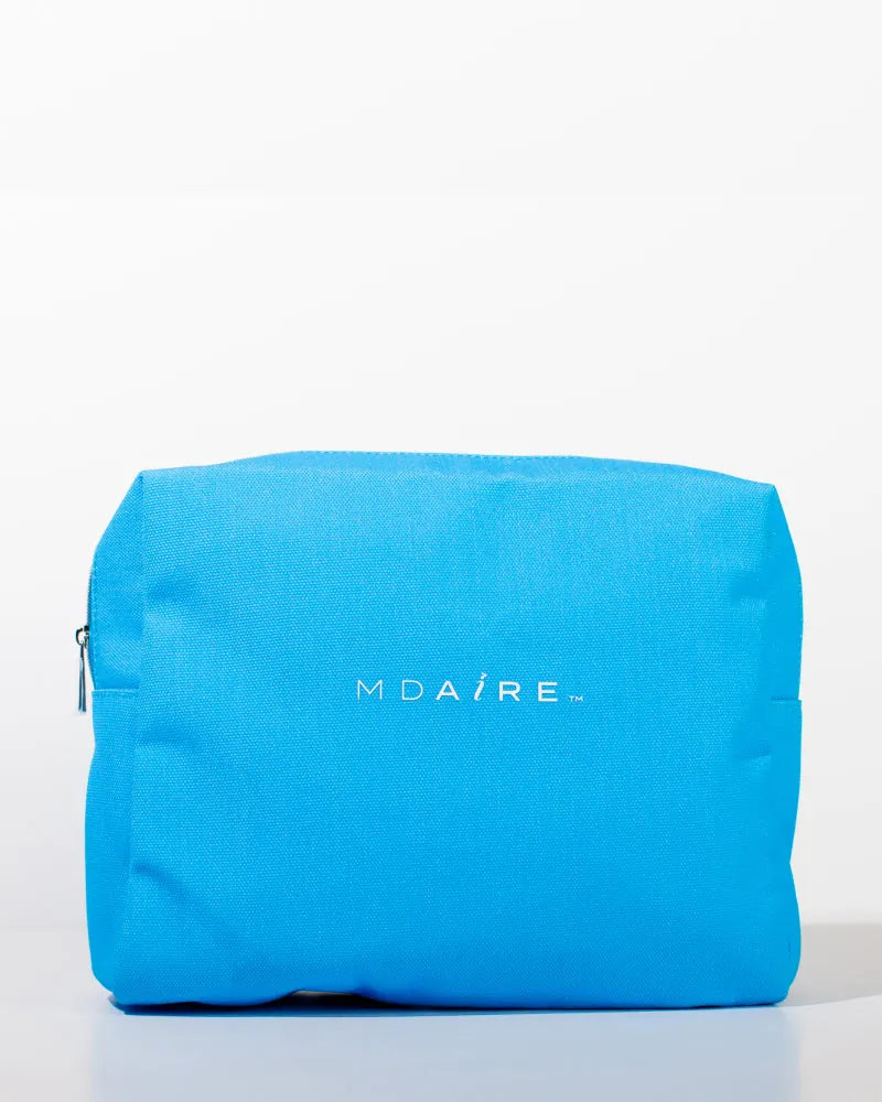 MDAiRE Cosmetic Bag in bold blue with front logo and waterproof materi